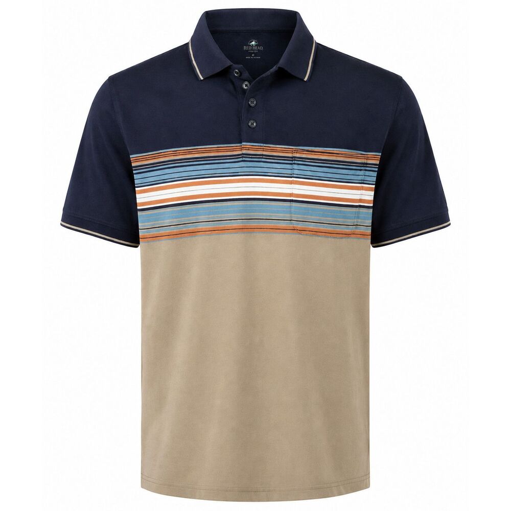 RedHead Mens Striped Polo Shirt Size L Blue Tan Short Sleeve Casual Golf Shirt